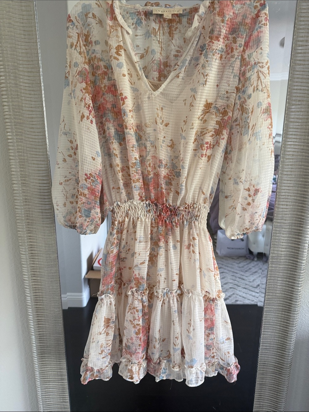 Lovestitch Cream  Floral Smocked Waist Mini Dress sheet with slip - M